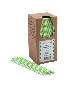 8 Inch 6mm Bore Paper Straw - GREEN & WHITE STRIPED Pk 250