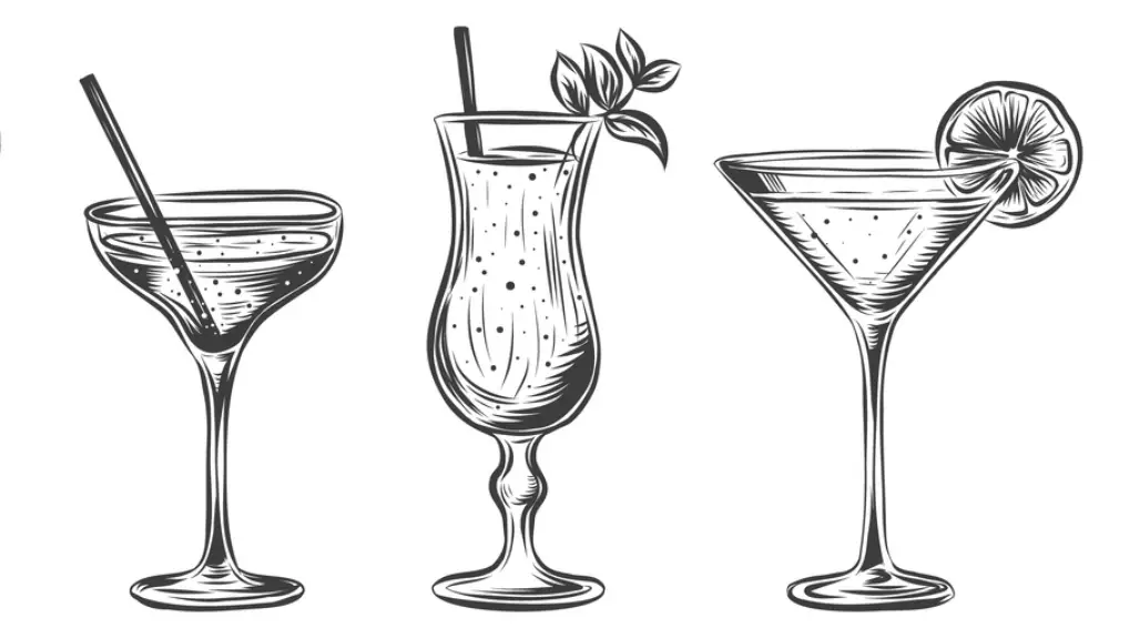 image of Alcoholic drinks set. Glass of champagne, margarita, brandy, vermouth, whiskey, cocktail, LIQUOR, wine, vodka, tequila with lemon, cocktail umbrella, tube, ice. Isolated black and white vintage engraving. Hand drawing