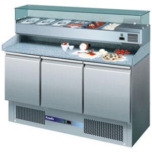 Prodis EC-3PIZZA 3 Door Granite Top Pizza Prep Table With 6 x 1/4GN Topping Unit