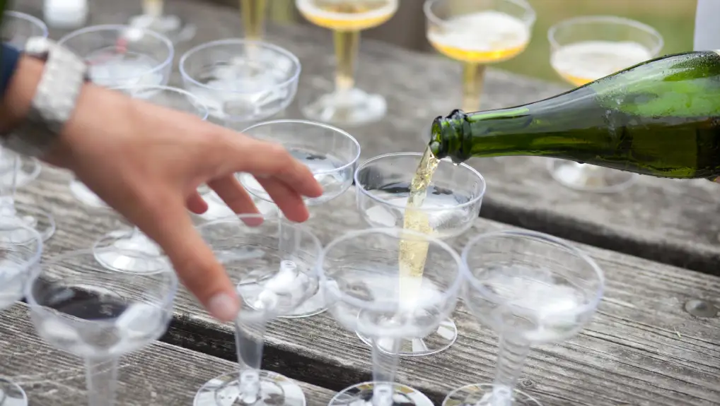  image of People pouring champagne into plastic glasses on a picnic table.