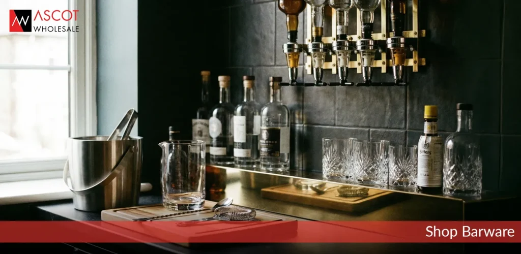 image of barware in a modern bar setting.