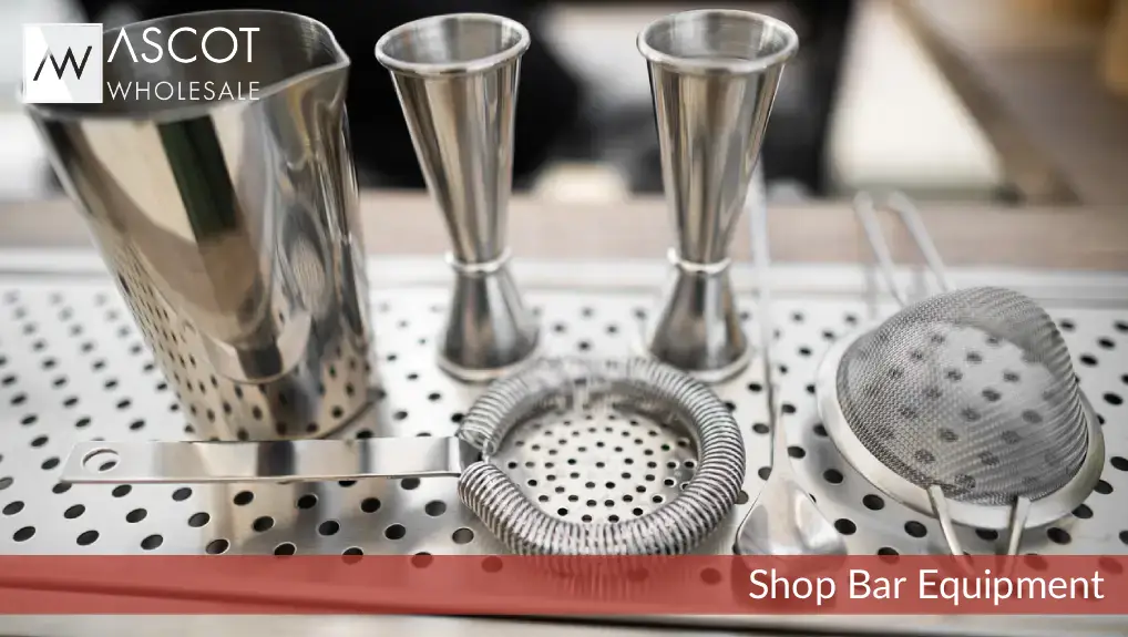 Close up image of essential bar equipment for cocktail bars
