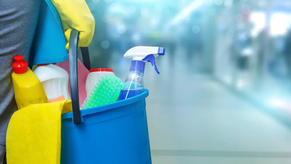Image of Cleaning person with a bucket and cleaning products on blurred background