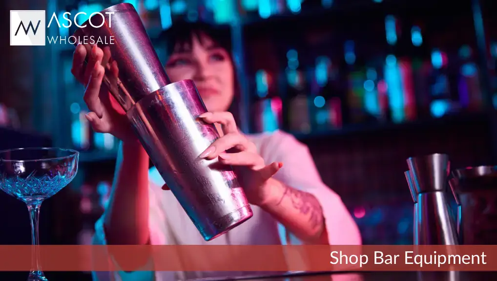 Image of bartender with a Boston shaker the setting is in a bar with a rose light filter