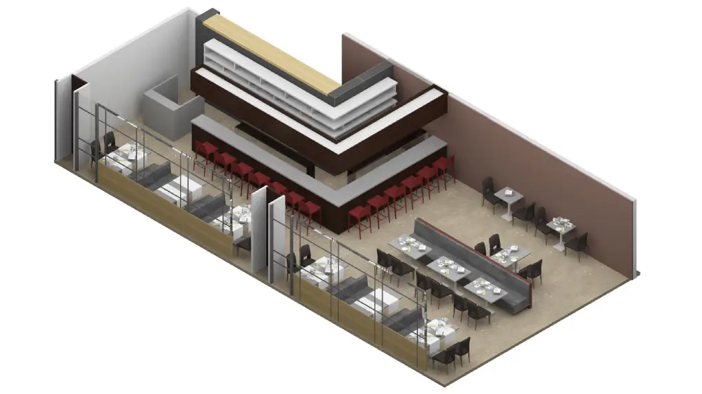 CAD drawing and design of a bar following the best practices for designing a commercial bar layout