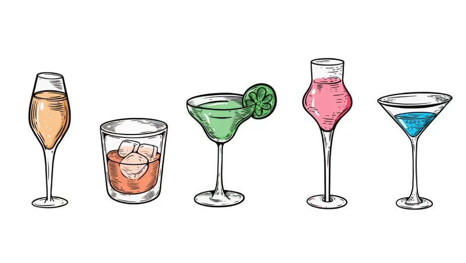 Colourful illustration of various cocktail glasses