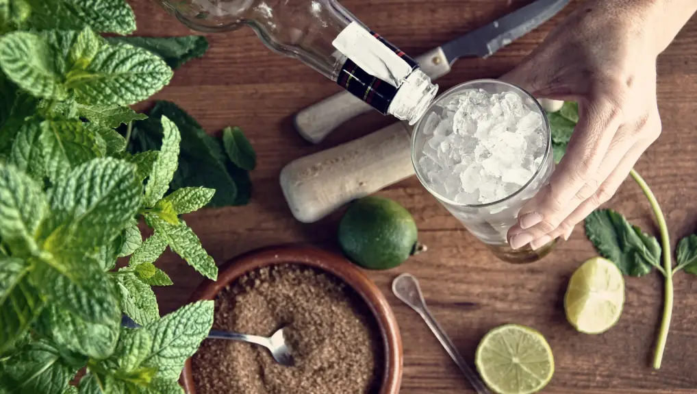 hands preparing the ingredients of a mojito cocktail with limes and mint
