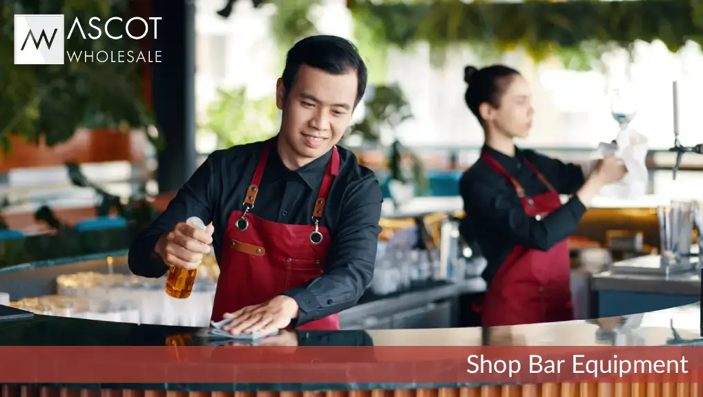 Daily cleaning checklist beside bar tools and equipment