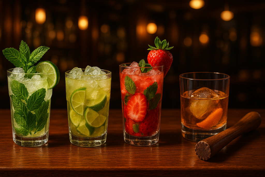 image of cocktail bar scene featuring four classic muddled cocktails: a Mojito with fresh mint leaves and lime, a Caipirinha with crushed lime and sugar, a Strawberry Mojito with muddled strawberries and mint, and an Old Fashioned with a sugar cube and orange peel. Each cocktail should be displayed in its traditional glassware on a polished wooden bar top. Shows an aspiring bartender the goal result using an affordable starter kits