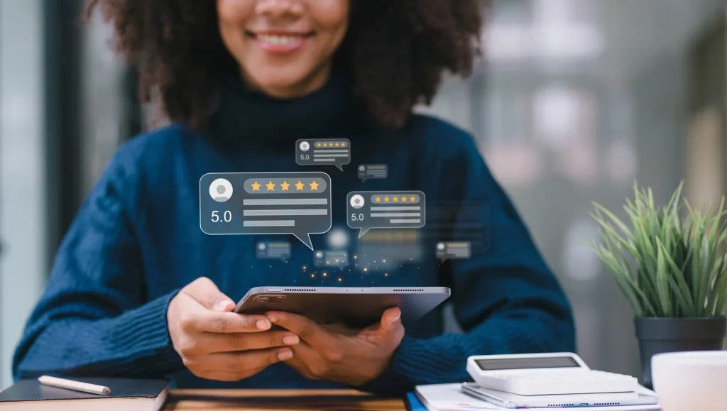 Image of customer providing five satisfaction ratings. Customer service evaluation concept