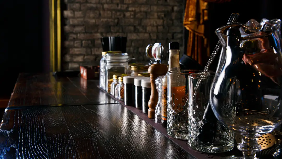 Image of a commercial bar design the image shows a cocktail station ready for a busy service.
