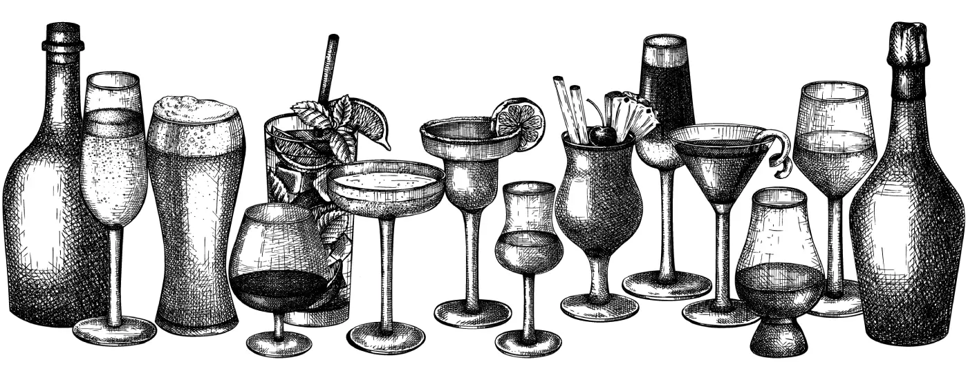 illustrated image of cocktails throughout history- the History of Boston, Cobbler, and French Cocktail Shakers: A Journey Through Time