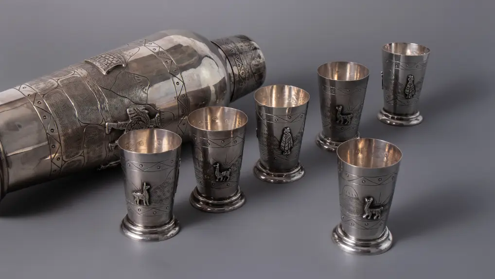 image of a vintage detailed shaker with silver goblets - How to Use Boston Cobbler and French Cocktail Shakers