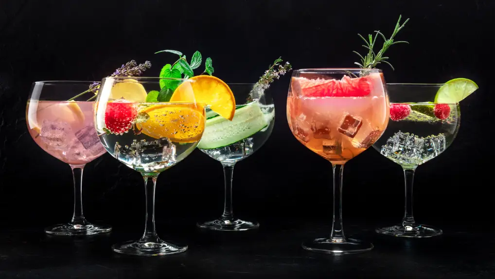 Fancy cocktails with fresh fruit. Gin and tonic drinks with ice at a party, on a black background, a variety