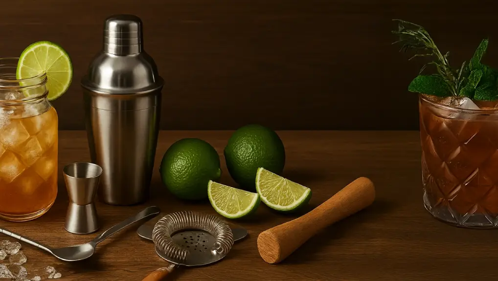 An image of cocktail tools like a shaker and muddler that have been used to create cocktails