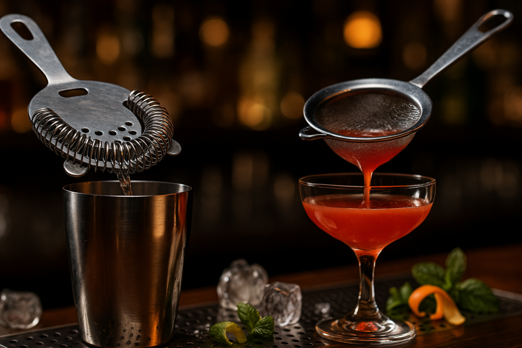 image of a bartender's workspace focused on cocktail strainers. Show a close-up of a silver Hawthorne strainer with its distinctive coiled spring prominently displayed in the foreground, positioned over a cocktail shaker mid-pour. Next to it, a fine mesh strainer catching small particles as a vibrant cocktail streams through into an elegant glass. Shows an aspiring bartender the goal result for a cocktail using an affordable starter kits