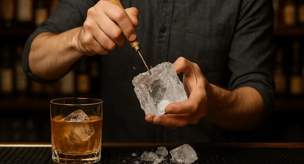 An image of an ice pick being used at a cocktail bar for a drink