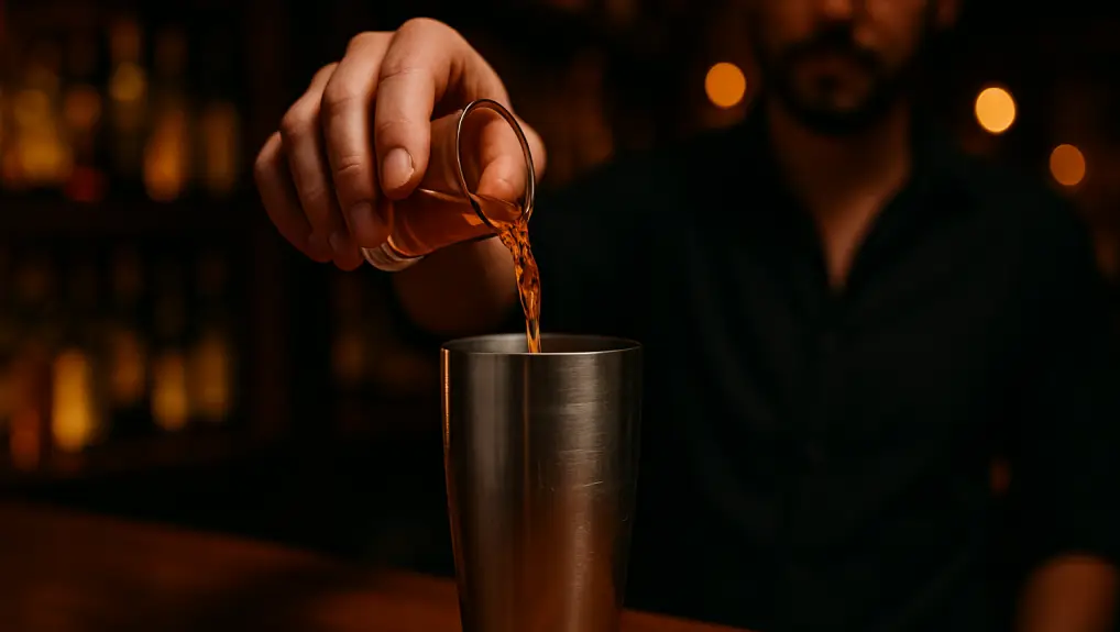image of someone using a shot glass as an improvised tool / jigger in an ambient lit bar