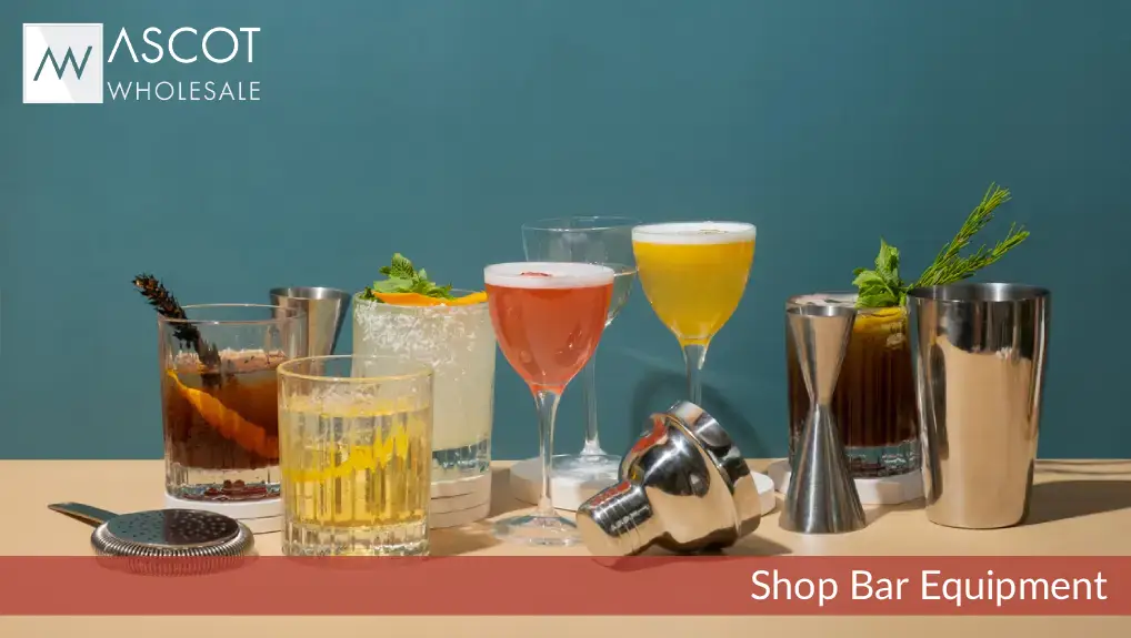 image of alcoholic cocktails and bar tools on podiums on coloured background