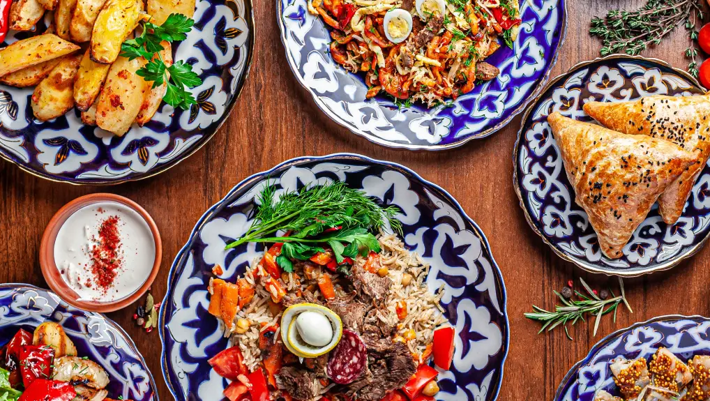 Image of oriental cuisine with matching tableware 