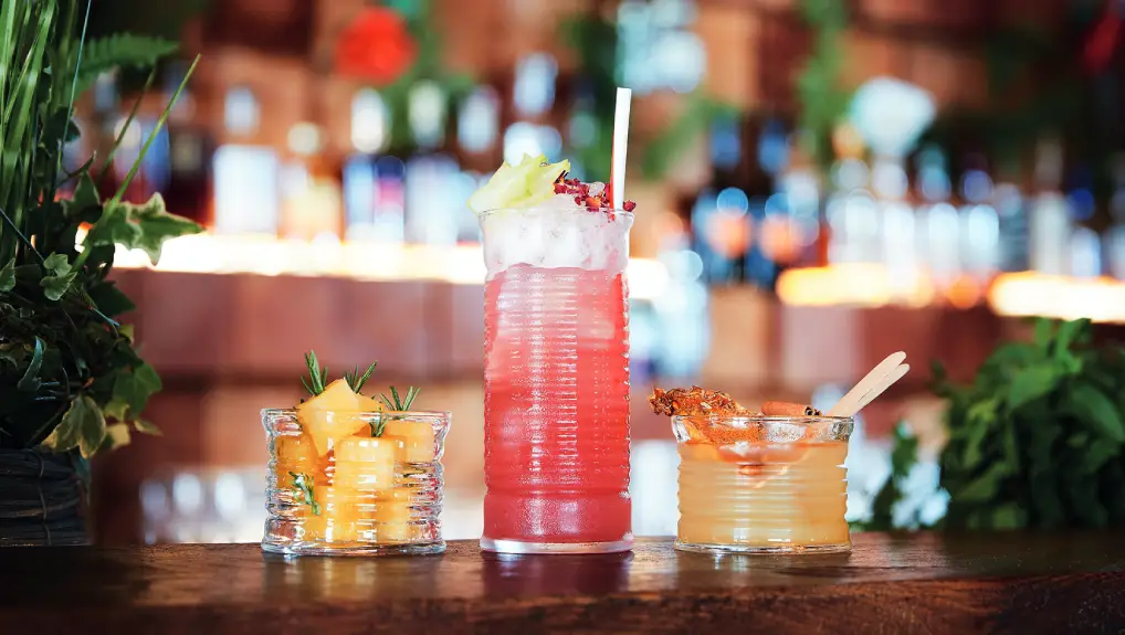 A Lifestyle image of cocktails with side garnish at an ambient bar