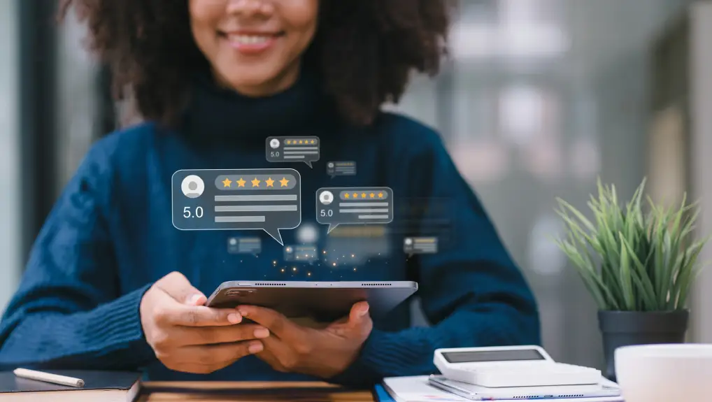 Image of customer providing five satisfaction ratings. Customer service evaluation concept