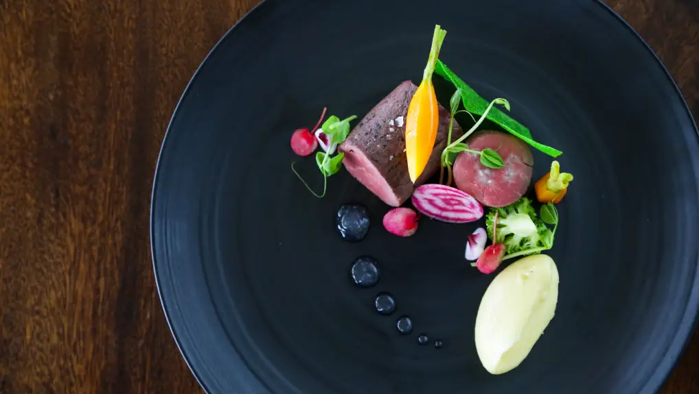 Exquisite dish, creative restaurant meal concept- Tableware design dark to make bright foods stand out