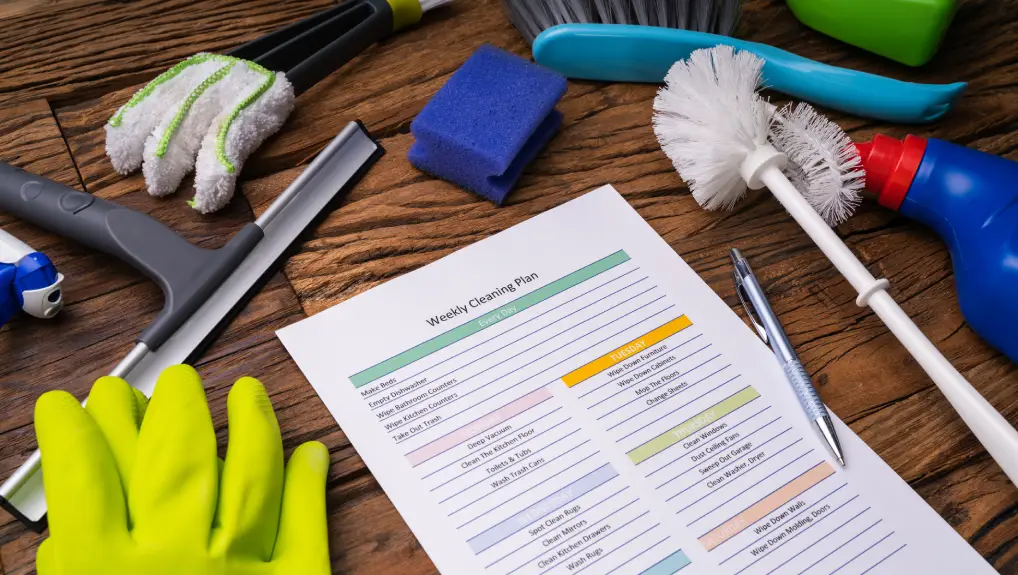 Image of Close-up Of Various Cleaning Products Around Weekly Cleaning Plan Form With Pen- catering equipment maintenance