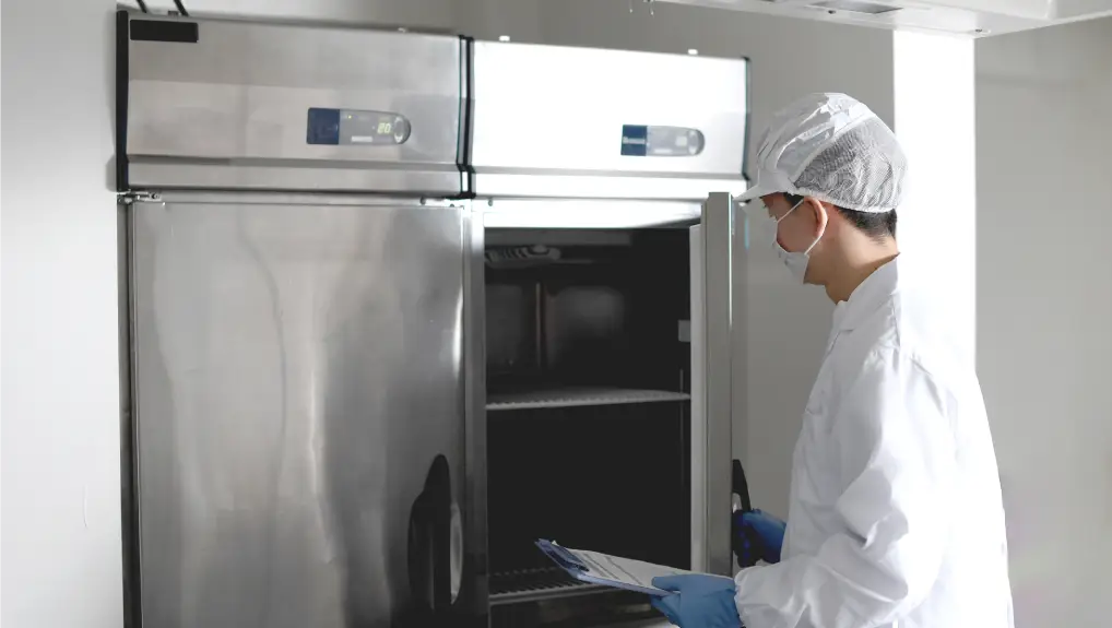 Image of man wearing sanitary clothes inspects a large refrigerator in the kitchen
