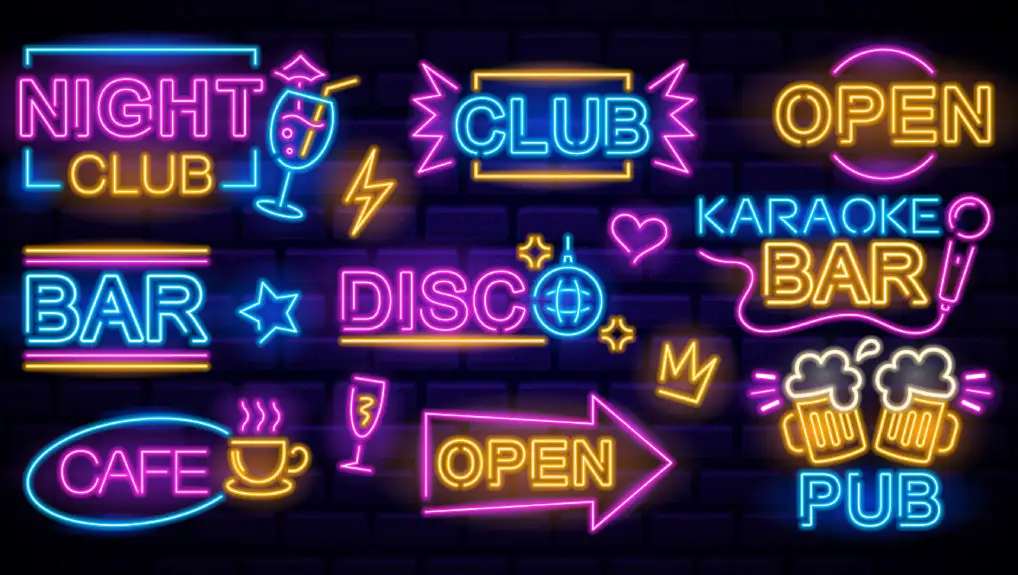 image of Colourful Retro Neon Signs With Various Text And Symbols For Bar