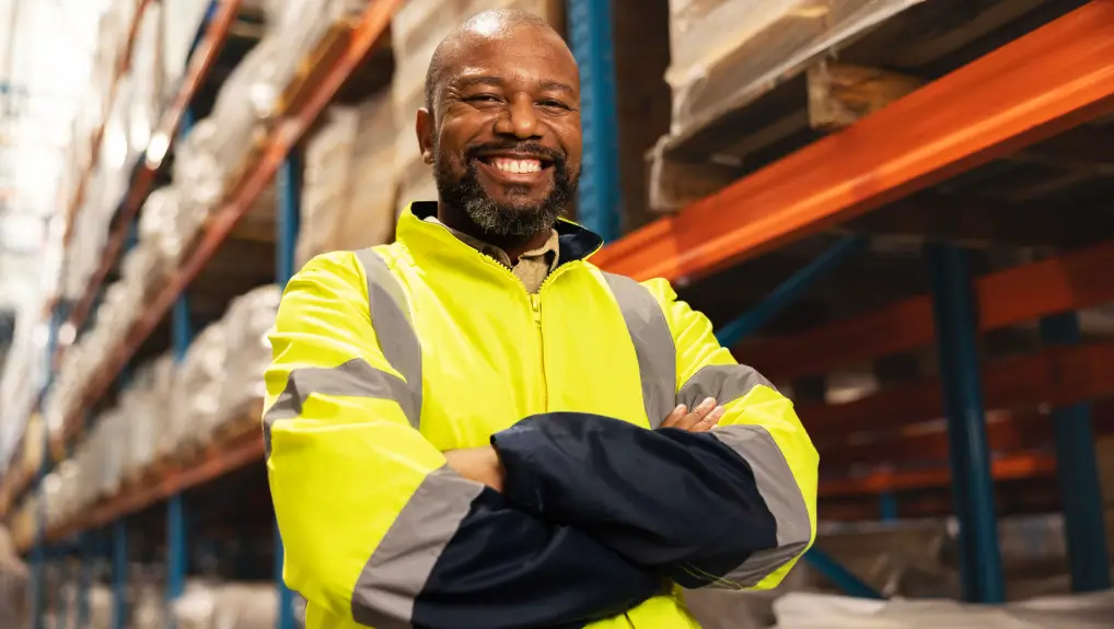 image of man with confidence in warehouse for logistics, supply chain or storage management- estimate disposable supplies large events
