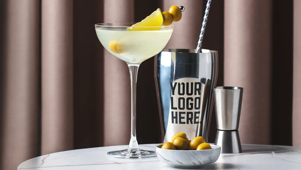 image of Mexican Martini with tequila, lime juice, and olives served with a garnish in an elegant bar setting with a customised shaker