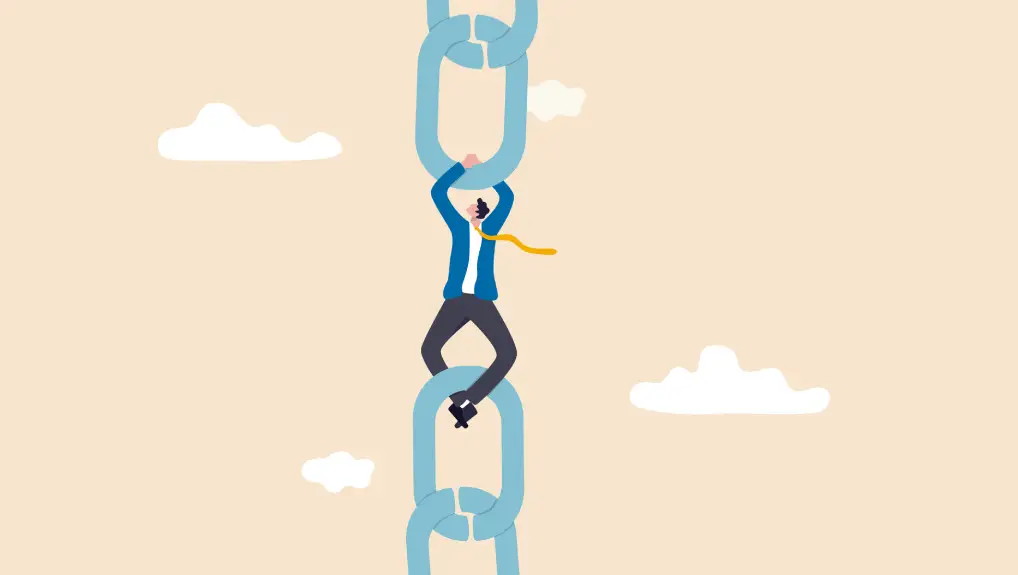 graphic of supply chain resilience concept- businessman manager holding metal chain together.
