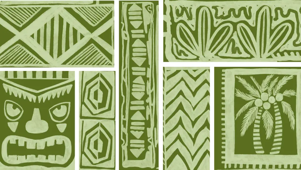 Image of Tropical leaf hibiscus flowers Hawaiian tribal element patchwork wallpaper abstract vintage isolated