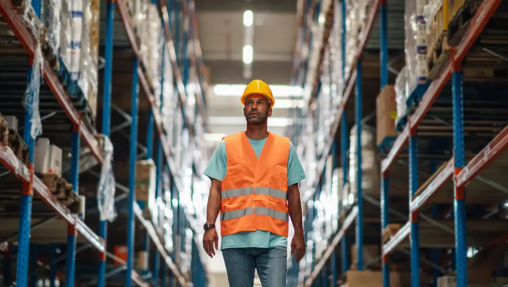 upervisor wearing high visibility clothing walking through a spacious warehouse distribution center