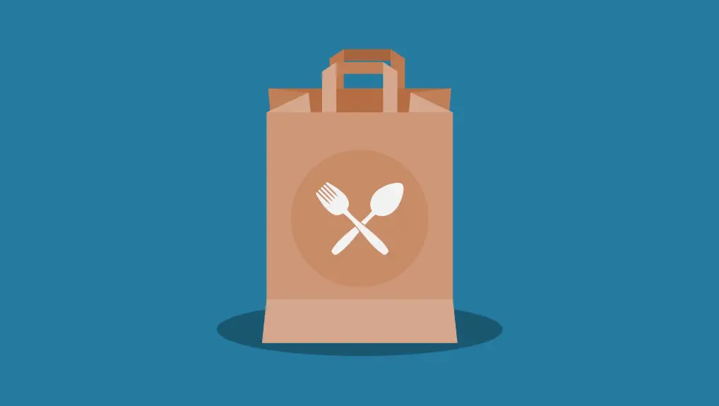 Takeout food, takeway food in brown paper bag. Spoon and fork figures on paper bag. Fast food delivery concept. Blue background.
why buy disposable supplies locally
