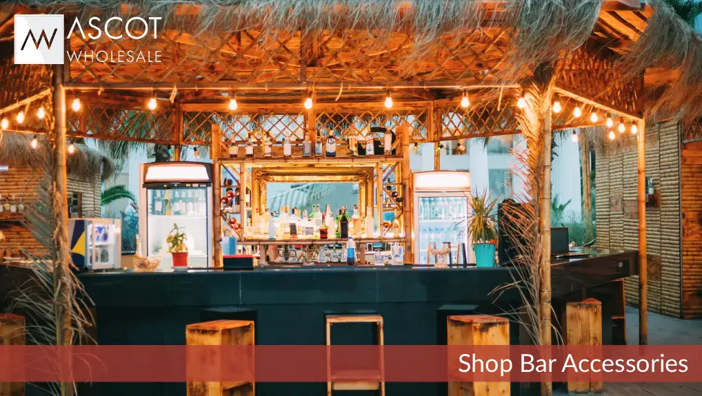 image of a bar stacked with bar accessories.