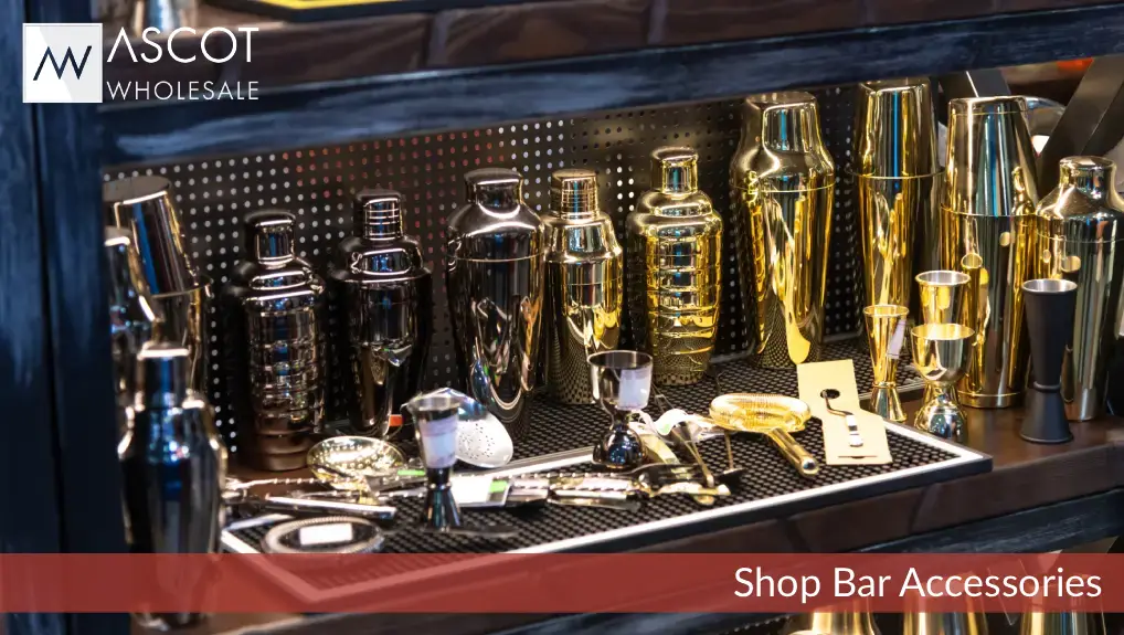 image of a collection of metallic cocktail tools part of the ranger of bar accessories