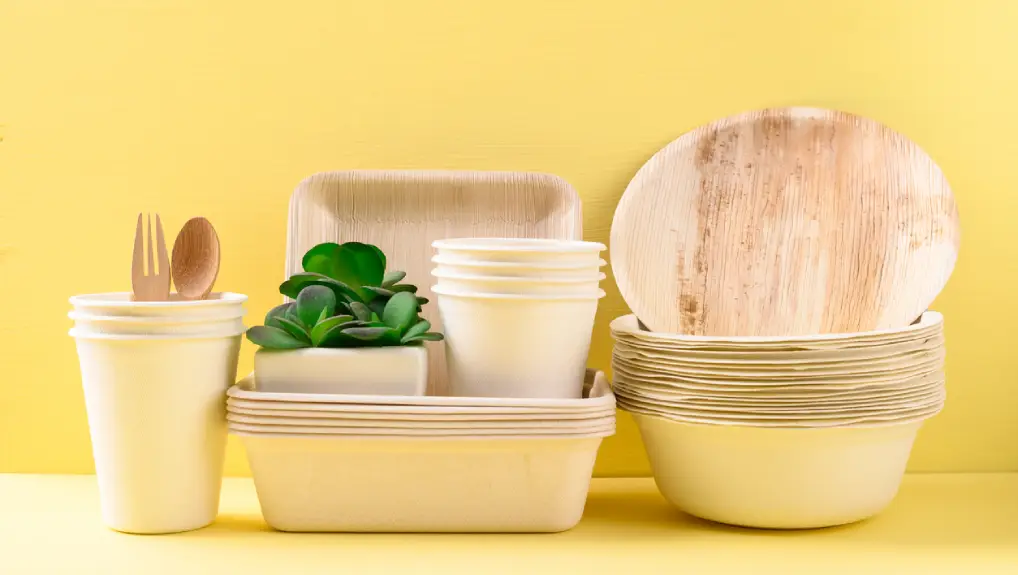 Biodegradable, Compostable, Disposable or Eco friendly utensil (plate, dish, bowl, cup) on yellow background