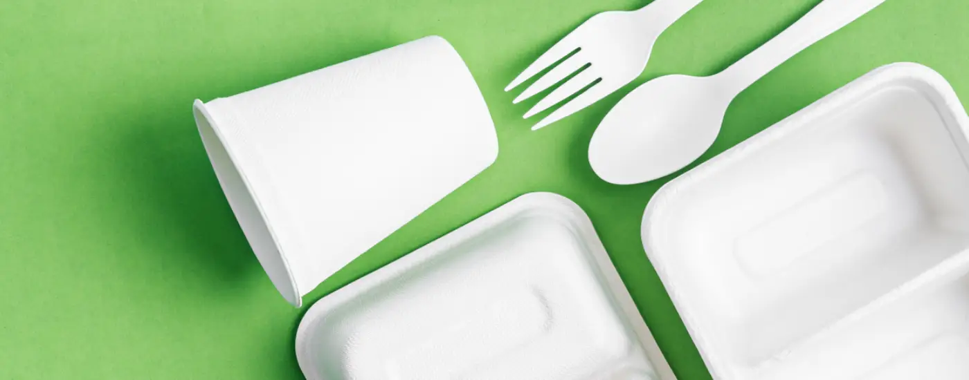 Eco friendly biodegradable paper disposable for packaging food and paper glass on green background.