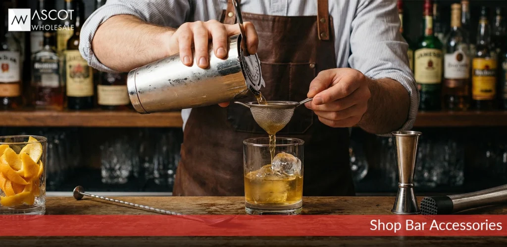 image of a bartender using bar accessories to mix a drink