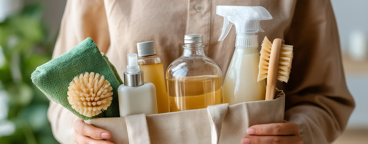 ecofriendly cleaning supplies displayed beige tote bag bright home organizing session