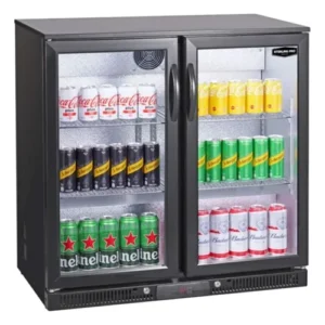 Sterling Pro Green Hinged Double Door Low Height Black Outdoor Bottle Cooler - Fits 180 x 330ml Bottles