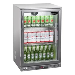 Sterling Pro Green Hinged Single Door Low Height Stainless Steel Outdoor Bottle Cooler - Fits 106 x 330ml Bottles